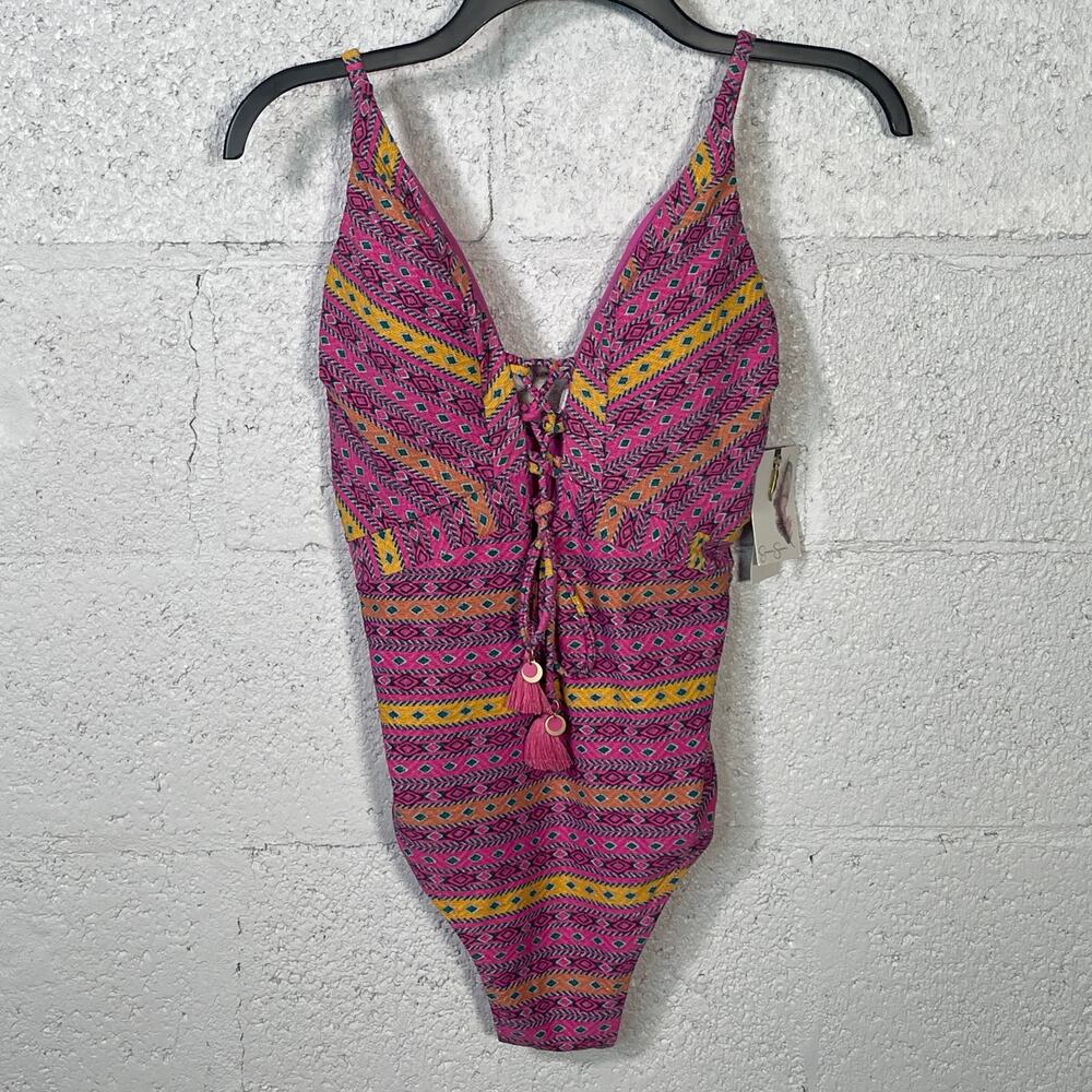 Jessica Simpson Shine Bright Lace Front 1 Piece Swimsuit Tulip Multi Medium